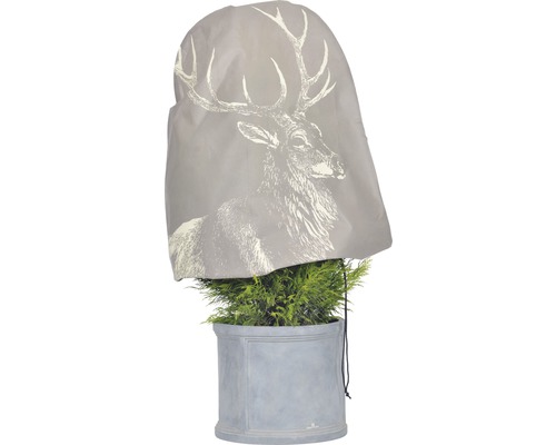 Winterschutzvlies Hirsch Videx Ø 110 x H 110 cm cappuccino Pflanzenschutzhülle mit Hirschmotiv über einer Pflanze im Topf