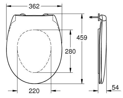 Technische Zeichnung eines WC-Sitzes mit Maßangaben