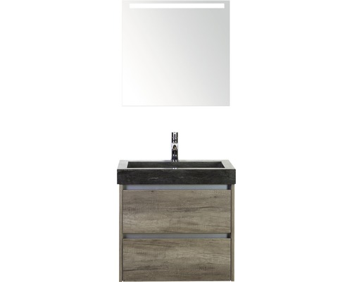 Badmöbel-Set Sanox Dante BxHxT 61 x 170 x 45,5 cm Frontfarbe nebraska oak mit Waschtisch Naturstein schwarz und Naturstein-Waschtisch Spiegel mit LED-Beleuchtung Waschtischunterschrank