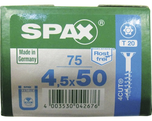 Spax Universalschraube T-STAR plus Senkkopf TX Teilgewinde 4,5x50 mm Edelstahl A2 75 Stück Verpackung Spax Schrauben 4,5x50 Millimeter, 75 Stück