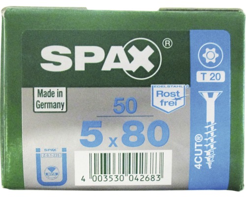 Spax Universalschraube T-STAR plus Senkkopf TX Teilgewinde 5x80 mm Edelstahl A2 50 Stück SPAX Schrauben Packung 5 x 80 mm