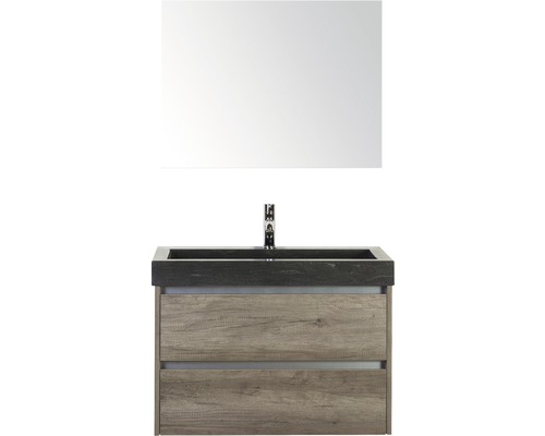 Badmöbel-Set Sanox Dante BxHxT 81 x 170 x 45,5 cm Frontfarbe nebraska oak mit Waschtisch Naturstein schwarz und Naturstein-Waschtisch Spiegel Waschtischunterschrank