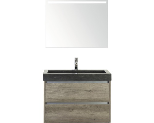 Badmöbel-Set Sanox Dante BxHxT 81 x 170 x 45,5 cm Frontfarbe nebraska oak mit Waschtisch Naturstein schwarz und Naturstein-Waschtisch Spiegel mit LED-Beleuchtung Waschtischunterschrank