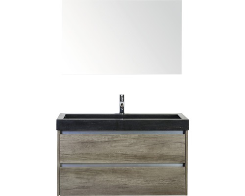 Badmöbel-Set Sanox Dante BxHxT 101 x 170 x 45,5 cm Frontfarbe nebraska oak mit Waschtisch Naturstein schwarz und Naturstein-Waschtisch Spiegel Waschtischunterschrank