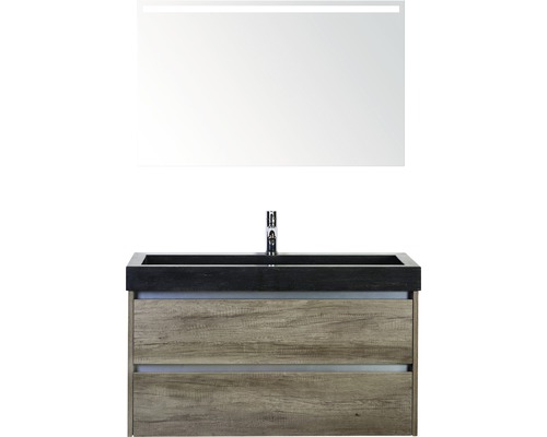 Badmöbel-Set Sanox Dante BxHxT 101 x 170 x 45,5 cm Frontfarbe nebraska oak mit Waschtisch Naturstein schwarz und Naturstein-Waschtisch Spiegel mit LED-Beleuchtung Waschtischunterschrank