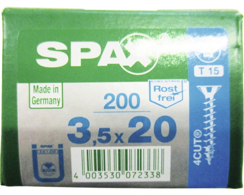 Spax Universalschraube T-STAR plus Senkkopf TX Vollgewinde 3,5x20 mm Edelstahl A2 200 Stück Spax Schraubenpackung mit 200 Schrauben, Größe 3,5x20