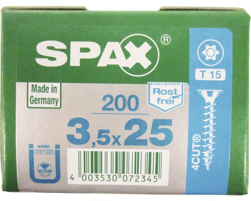 Verpackung Spax Schrauben 3,5x25 mm, Made in Germany, Edelstahl Rostfrei