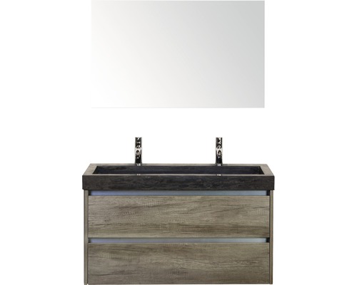 Badmöbel-Set Sanox Dante BxHxT 101 x 170 x 45,5 cm Frontfarbe nebraska oak mit Waschtisch Naturstein schwarz und Spiegel Waschtischunterschrank Naturstein-Doppelwaschtisch
