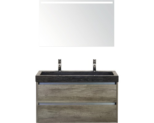 Badmöbel-Set Sanox Dante BxHxT 101 x 170 x 45,5 cm Frontfarbe nebraska oak mit Waschtisch Naturstein schwarz und Naturstein-Doppelwaschtisch Spiegel mit LED-Beleuchtung Waschtischunterschrank