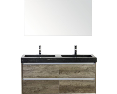Badmöbel-Set Sanox Dante BxHxT 121 x 170 x 45,5 cm Frontfarbe nebraska oak mit Waschtisch Naturstein schwarz und Naturstein-Doppelwaschtisch Spiegel Waschtischunterschrank