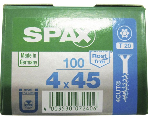 Spax Universalschraube T-STAR plus Senkkopf TX Teilgewinde 4x45 mm Edelstahl A2 100 Stück Verpackung Spax Schrauben 4 x 45 Millimeter