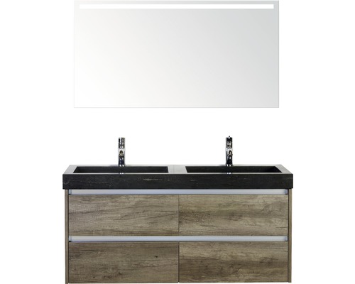 Badmöbel-Set Sanox Dante BxHxT 121 x 170 x 45,5 cm Frontfarbe nebraska oak mit Waschtisch Naturstein schwarz und Naturstein-Doppelwaschtisch Spiegel mit LED-Beleuchtung Waschtischunterschrank