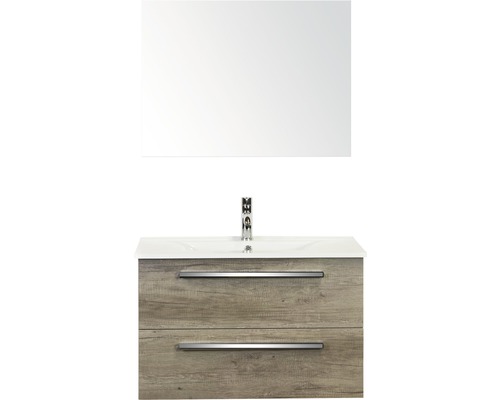 Badmöbel-Set Sanox Seville BxHxT 81 x 170 x 46 cm Frontfarbe nebraska oak mit Waschtisch Keramik weiß und Waschtischunterschrank Waschtisch Spiegel