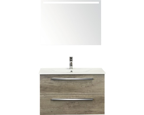 Badmöbel-Set Sanox Seville BxHxT 81 x 170 x 46 cm Frontfarbe nebraska oak mit Waschtisch Keramik weiß und Waschtischunterschrank Waschtisch Spiegel mit LED-Beleuchtung
