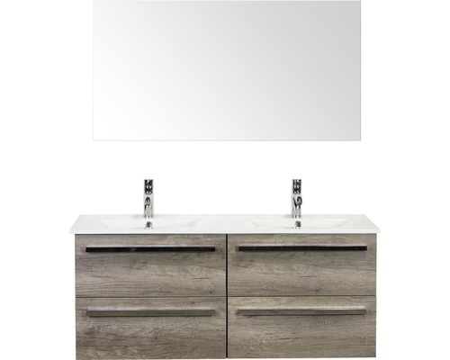 Badmöbel-Set Sanox Seville BxHxT 121 x 170 x 46 cm Frontfarbe nebraska oak mit Waschtisch Keramik weiß und Waschtischunterschrank Doppelwaschtisch Spiegel