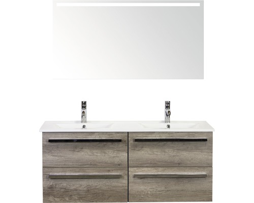 Badmöbel-Set Sanox Seville BxHxT 121 x 170 x 46 cm Frontfarbe nebraska oak mit Waschtisch Keramik weiß und Waschtischunterschrank Doppelwaschtisch Spiegel mit LED-Beleuchtung