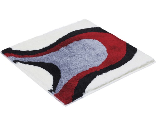 Quadratischer Badteppich mit Muster in Grau, Rot, Schwarz und Weiß.