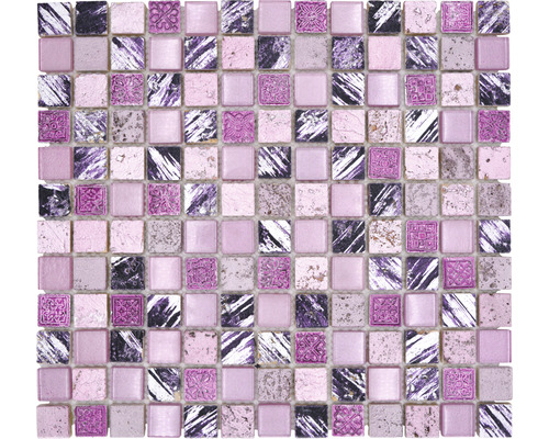 Glasmosaik mit Naturstein XCM CB 35 lila/pink 30x32,5 cm Quadratische Mosaikfliese in verschiedenen Ausführungen.