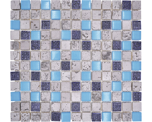 Glasmosaik mit Naturstein XCM CB 65 mix blau 30x32,5 cm Mosaikfliese mit quadratischen, ornamentalen und gläsernen Elementen.