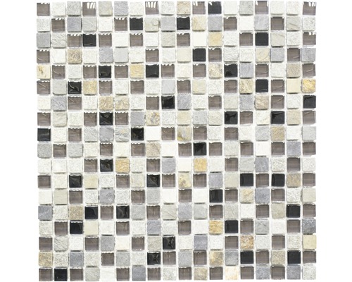Glasmosaik mit Naturstein XCM M980 grau/schwarz 30x30 cm Mosaikfliese mit quadratischem Muster aus Glas und Stein