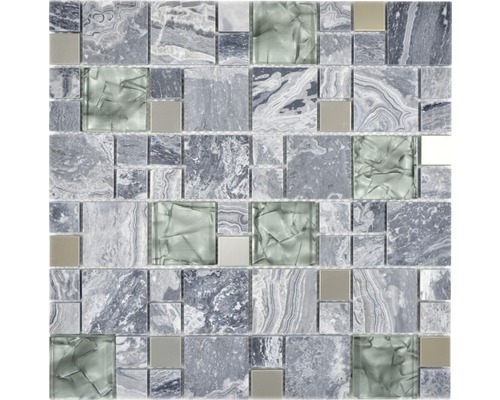 Glasmosaik mit Naturstein XCM MC609 grau 30x30 cm Mosaikfliese mit Steinoptik und Glaselementen