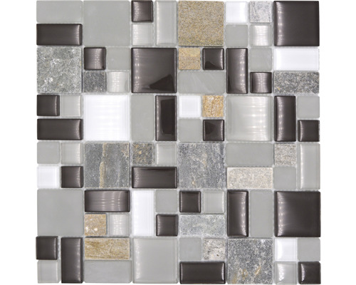 Glasmosaik mit Naturstein XCM MC619 grau/braun 30x30 cm Mosaikfliese mit Glas- und Steinelementen