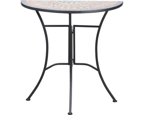 Halbierter Gartentisch mit Mosaikplatte und Metallgestell.