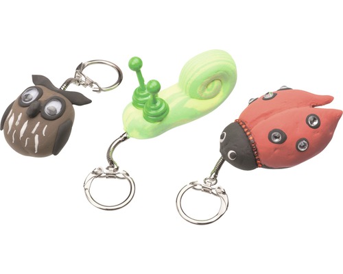 Schlüsselanhänger aus Modelliermasse mit Eule, Schnecke und Marienkäfer