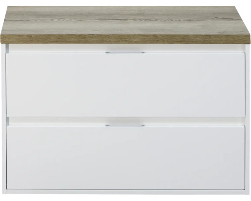 Waschtischunterschrank Porto 90 cm mit Waschtischplatte weiß hochglanz / Eiche natur