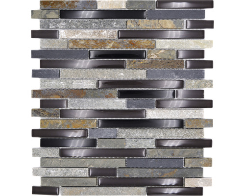 Glasmosaik mit Naturstein XCM MV788 grau/schwarz 29,8x33,8 cm Mosaikfliese aus Stein und Metall