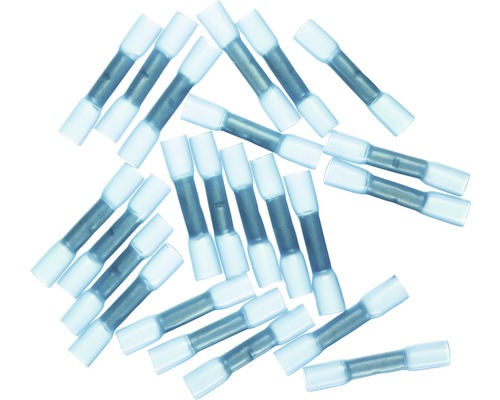 Haupa BLV363502 Stoßverbinder isoliert 1,25-2,5 mm² blau 25 Stück Mehrere Schrumpfverbinder auf weißem Hintergrund.