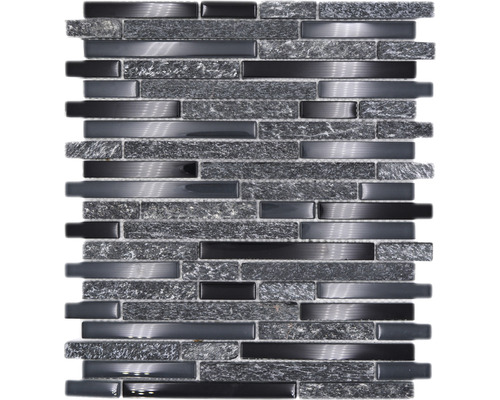 Glasmosaik mit Naturstein XCM MV798 grau/schwarz 29,8x33,8 cm Mosaikmatte mit Steindekor und länglichen, glänzenden Elementen