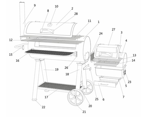 Explosionszeichnung eines Barbecue Smoker Grills mit nummerierten Teilen.
