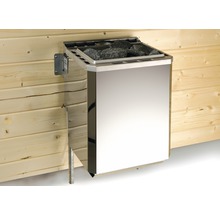 Edelstahl Saunaofen mit Steinen an einer Holzwand
