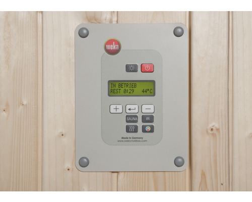 Saunaofen-Set Weka OS 9 kW mit digitaler Kombi-Steuerung Weka Logo. Sauna control panel on a wooden wall.