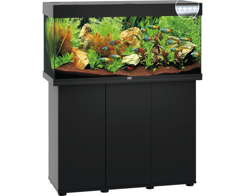 Komplettes Aquarium mit Unterschrank, Pflanzen, Fischen und Beleuchtung.