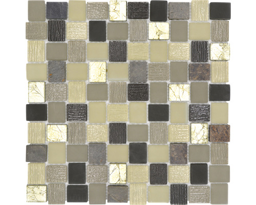 Glasmosaik mit Naturstein XCM R09 weiß/grau 27,3x27,3 cm Mosaikfliese mit quadratischen Elementen in verschiedenen Materialien