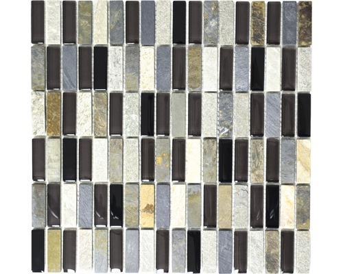 Glasmosaik mit Naturstein XCM SM08 schwarz/grau 30x30 cm Mosaikfliese mit rechteckigen Steinen aus Glas und Stein