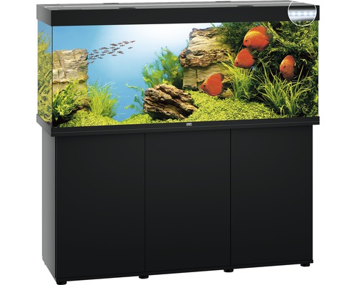 Schwarzes Aquarium mit Fischen und Unterschrank