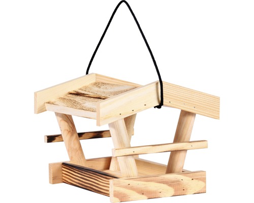 Vogelhaus aus Holz mit Seilaufhängung