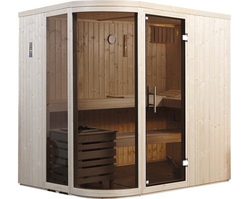 Sauna mit Glasfront und Holzbänken für den Innenbereich