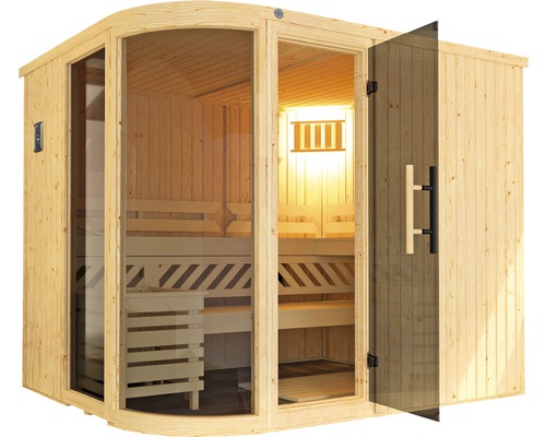 Freistehende Sauna mit Glastür und Holzbänken