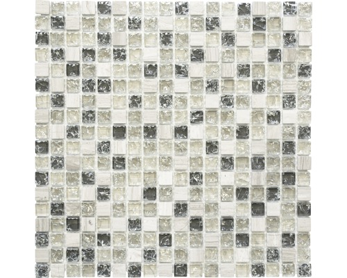 Glasmosaik mit Naturstein XIC 1052 mix graugrün 30,5x30,5 cm Mosaikfliese mit quadratischen, gemischten Glas- und Steinelementen