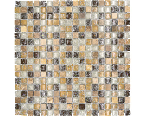 Glasmosaik mit Naturstein XIC 1053 braun/beige 30,5x30,5 cm Mosaikfliese mit quadratischen Elementen