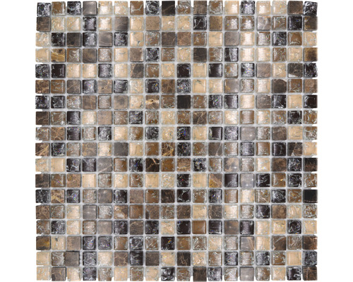 Glasmosaik mit Naturstein XIC 1055 braun/beige 30,5x30,5 cm Mosaikfliese mit quadratischen Steinen