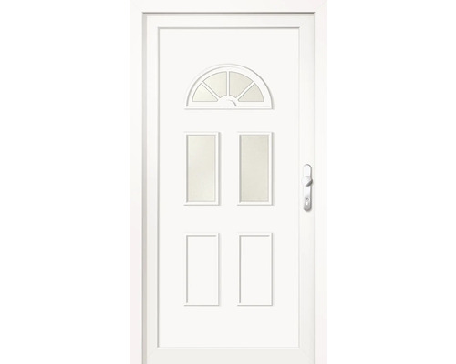 Weiße Haustür mit Glaseinsätzen und Griff