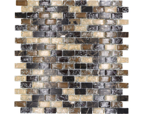Glasmosaik mit Naturstein XIC B1155 braun/beige 30x28,5 cm Mosaikfliese mit rechteckigen Steinen in verschiedenen Farben