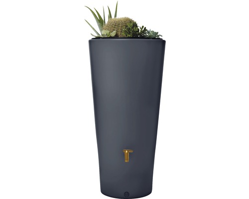 Regenspeicher 4rain Vaso 2in1 mit Pflanzschale, 220 Liter, grau Regentonne in schlanker Form mit Bewässerungshahn und Bepflanzung