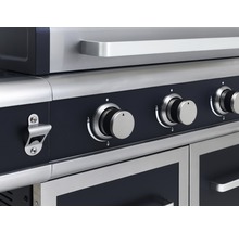 Nahaufnahme eines Gasgrills mit Drehknöpfen und Flaschenöffner
