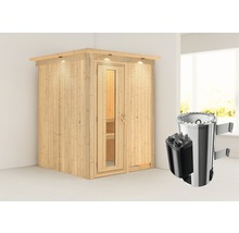 Plug & Play Sauna Karibu Achat I inkl. 3,6 kW Ofen u.integr.Steuerung mit Dachkranz und Holztüre aus Isolierglas wärmegedämmt